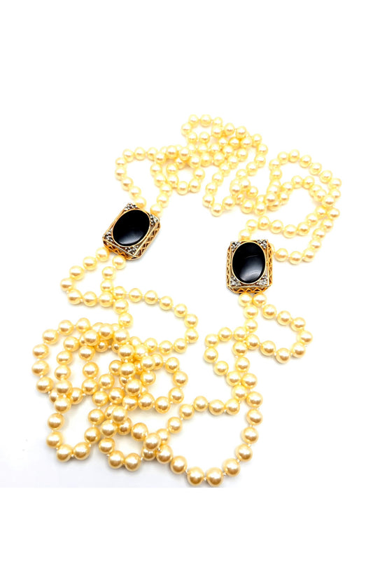 Vintage PANETTA Signed Black Glass Cabochon Rhinestones Gold Tone Long Faux Pearls Necklace Very Rare Runway Designer