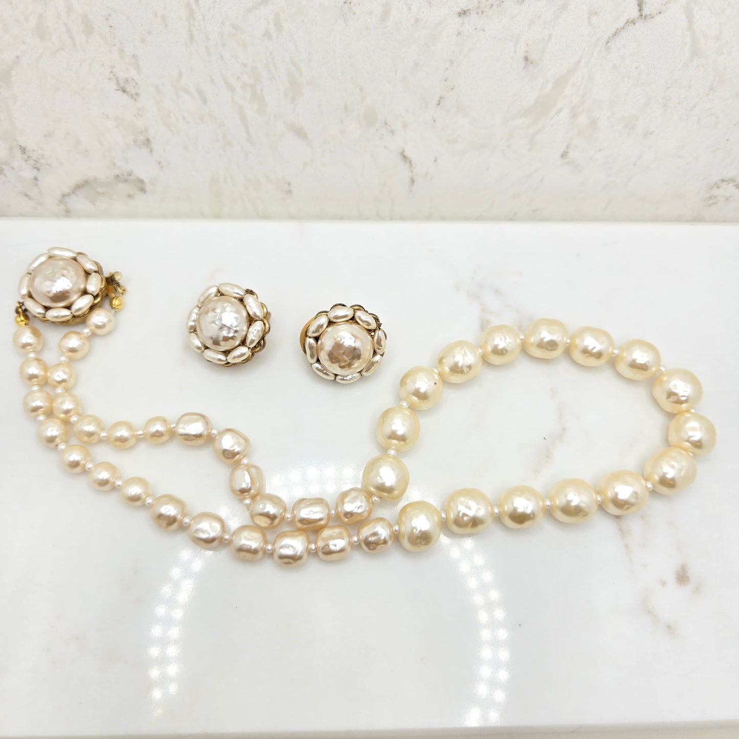 Vintage MIRIAM HASKELL Faux Baroque Pearl Single Strand Necklace & Clip On Earrings Set