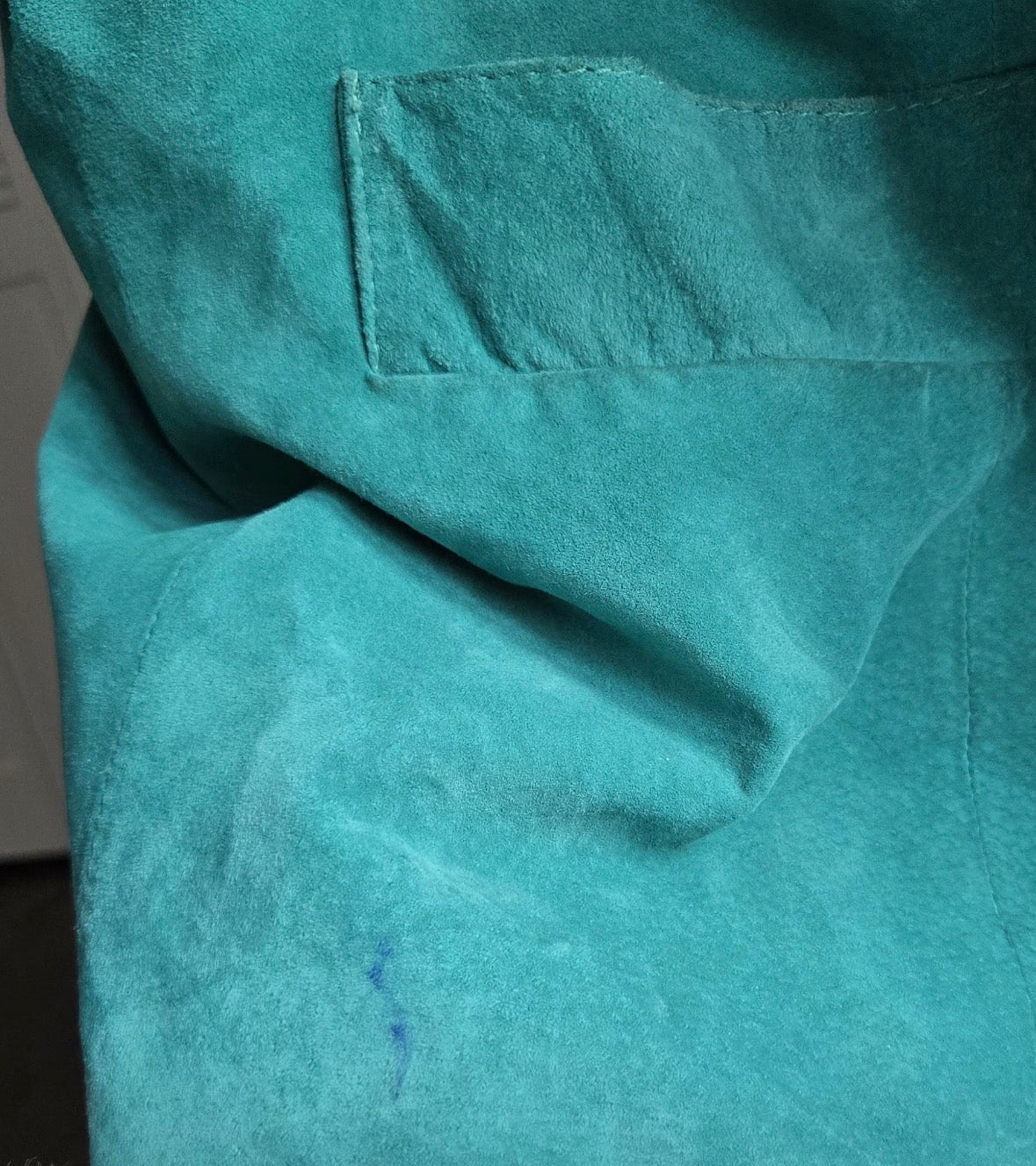 Vintage MADGE'S teal blue suede leather oversized coat jacket shoulder pads size L
