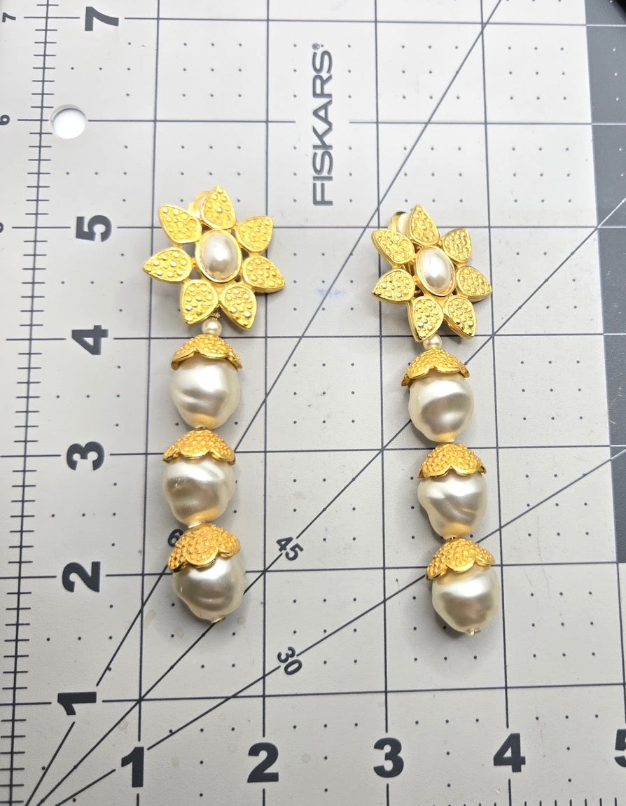 Vintage Huge Designer Runway Gold Tone Flower Faux Pearl Dangle Clip-On Earrings