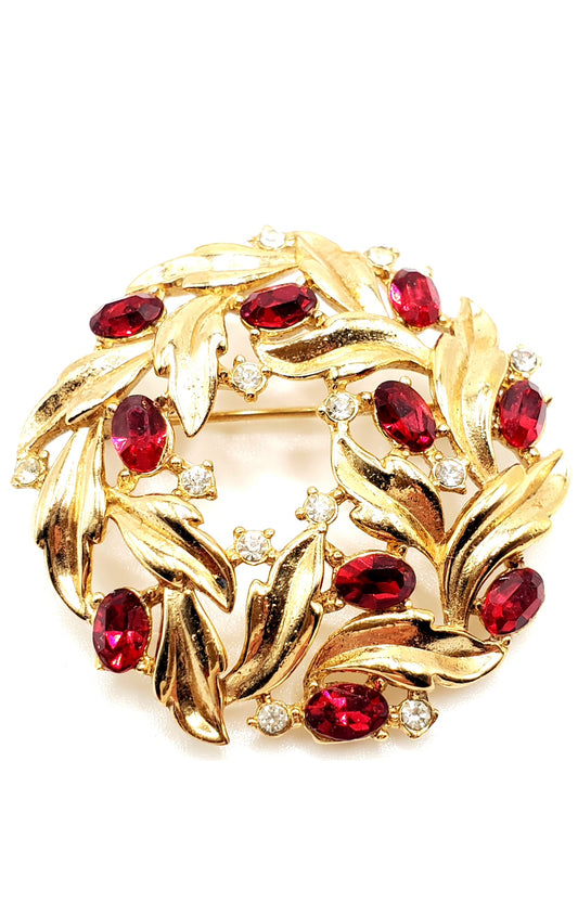 Vintage TRIFARI CROWN Signed Wreath Gold Tone Brooch Pin with Ruby Red and Clear Rhinestones