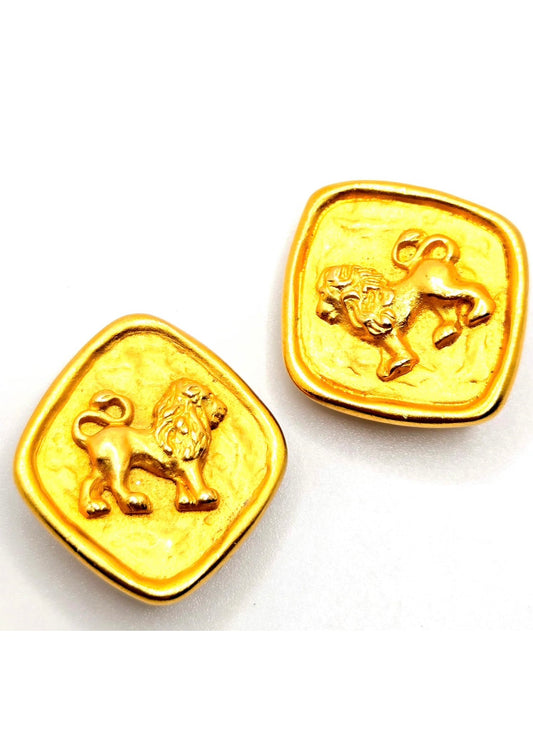 Vintage Liz Claiborne Lion Square Gold-Tone Clip-On Earrings