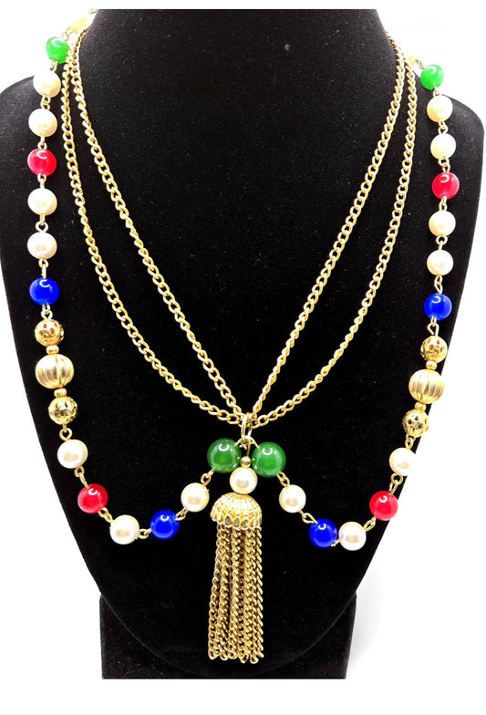 Vintage Multi-Strand Layered Necklace with Tassel Pendant, Colorful Glass Beads & Gold Tone Chain