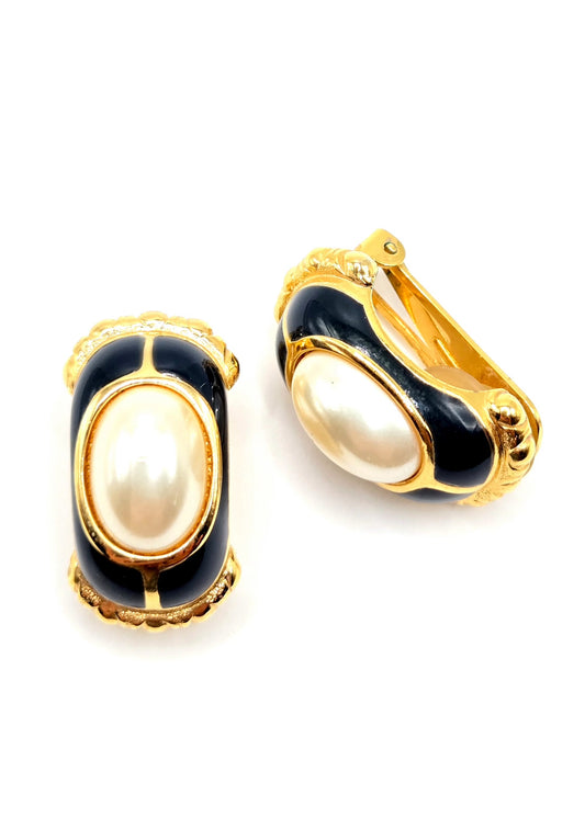 Vintage BURBERRY Navy Blue Enamel Clip Earrings with Faux Pearl, gold tone