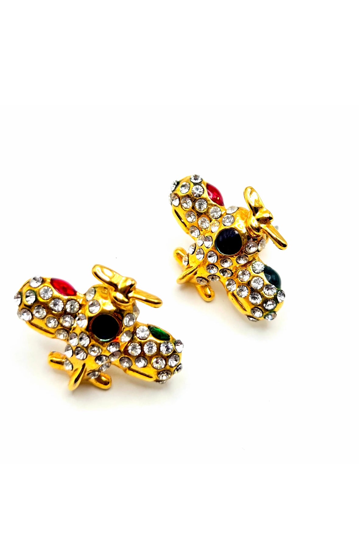 Vintage Airplane Pierced Earrings with Rhinestones, Green, Red, Blue Enamel, Gold Tone