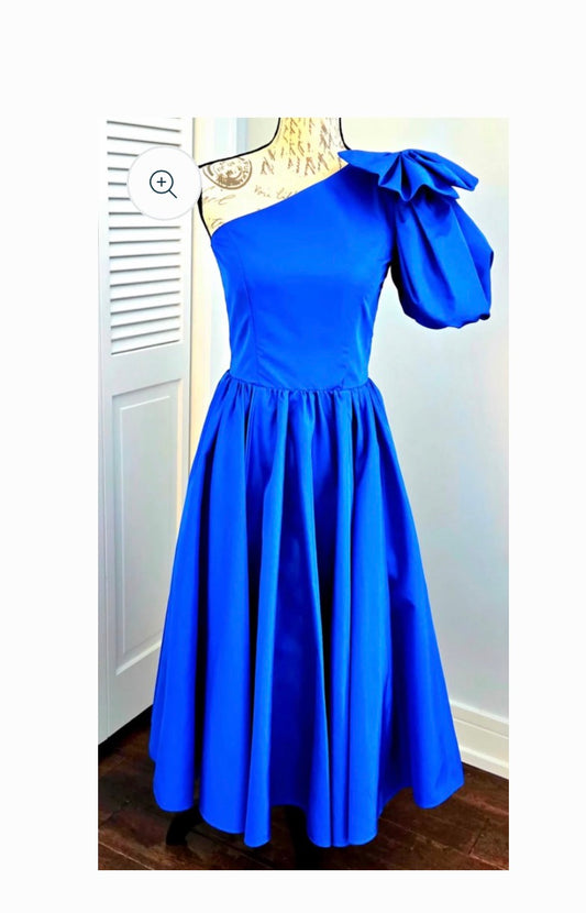 Vintage What's UP BY CAROL Royal blue, off one shoulder with a bow on one side dress