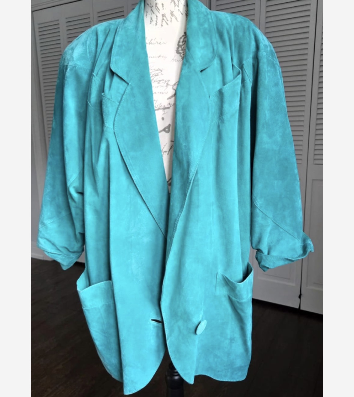 Vintage MADGE'S teal blue suede leather oversized coat jacket shoulder pads size L