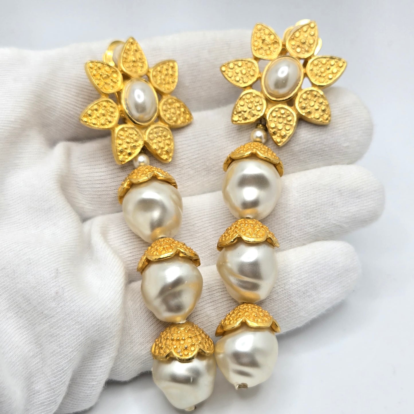 Vintage Huge Designer Runway Gold Tone Flower Faux Pearl Dangle Clip-On Earrings