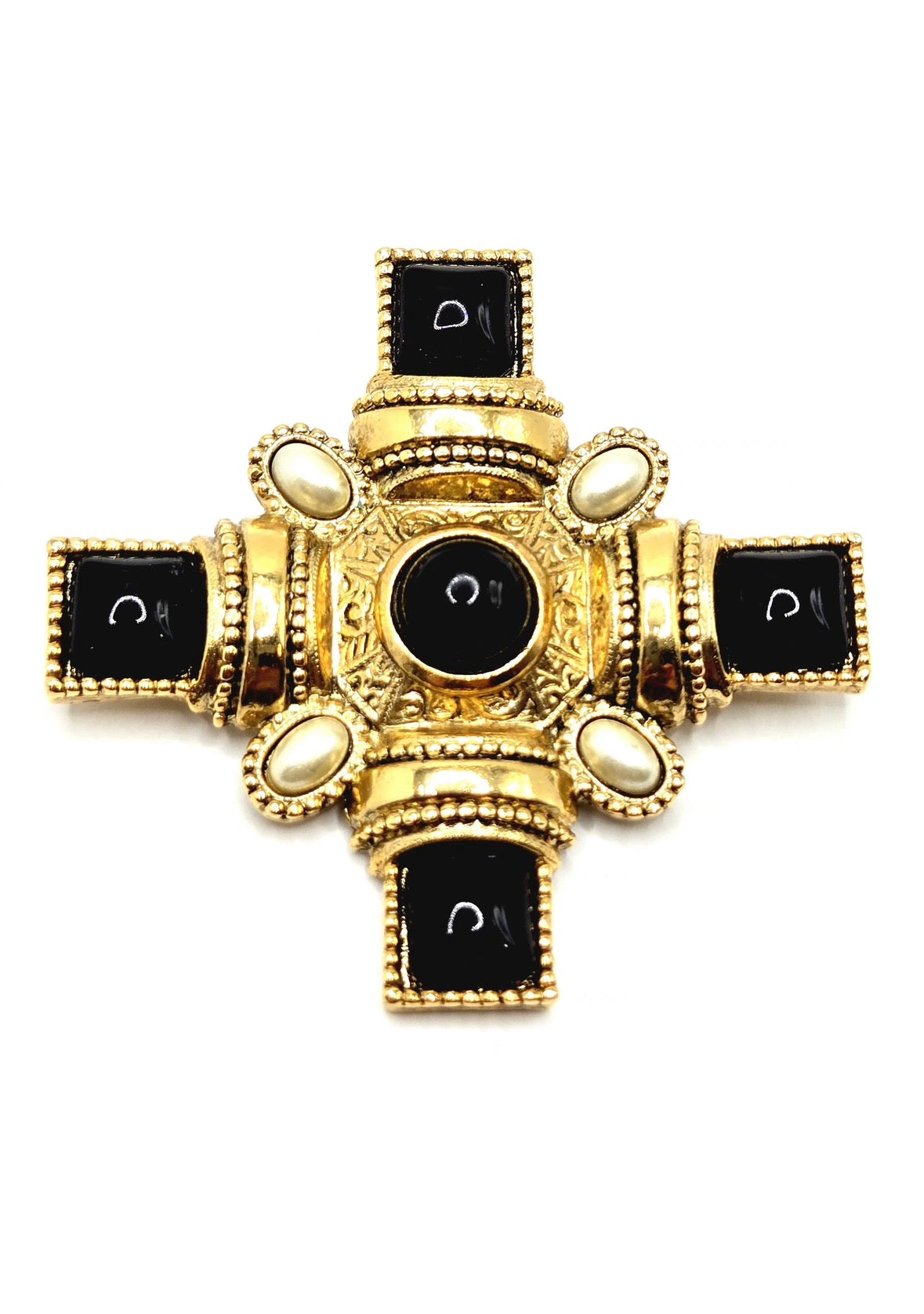 VINTAGE 1928 MALTESE CROSS Black Cabochons Faux Pearls Gold Tone Brooch Pin