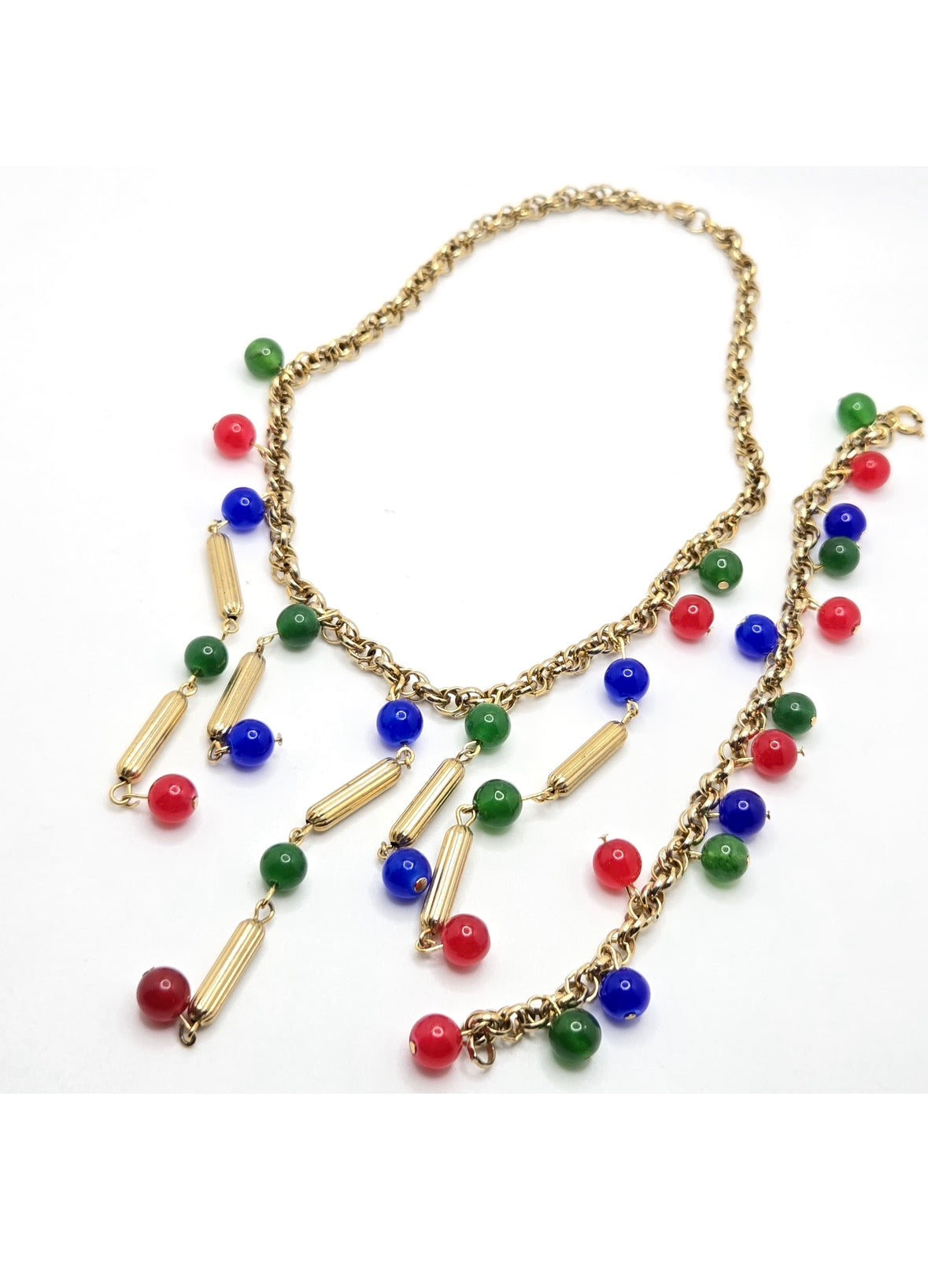Vintage Statement Necklace and Bracelet Set, Gold Tone Chain with Red, Blue, Green Glass Beads