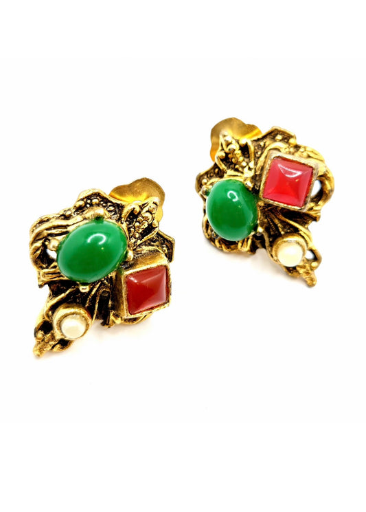 Vintage green red cabochon gold tone unique Designer Runway Clip on Earrings