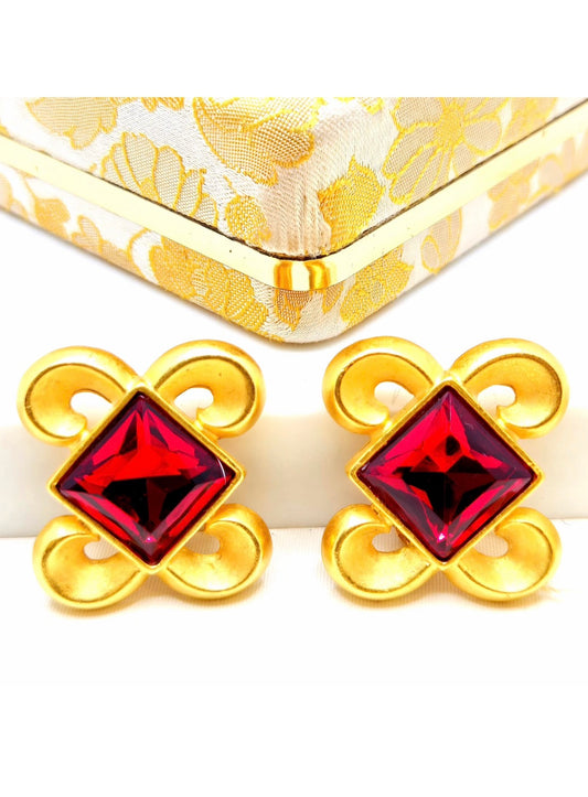 Vintage Designer Runway Byzantine Openwork Gold Tone Red Square Cabochon Clip-On Earrings