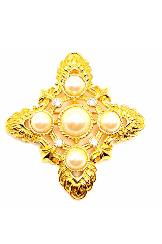 Vintage KJL For AVON Maltese Cross Pin Brooch/Pendant, Faux Pearls, Rhinestones, Gold Tone