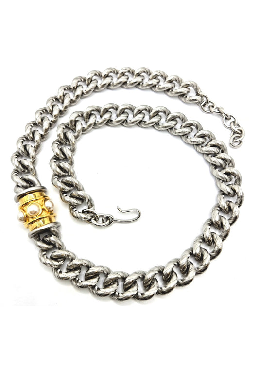 Vintage MONET Brushed Silver tone Faux Pearls Chain Necklace Designer Runway