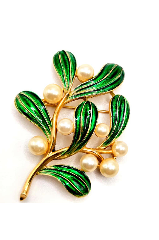 Vintage TRIFARI crown Mistletoe Green Enamel Faux Pearl gold tone brooch pin