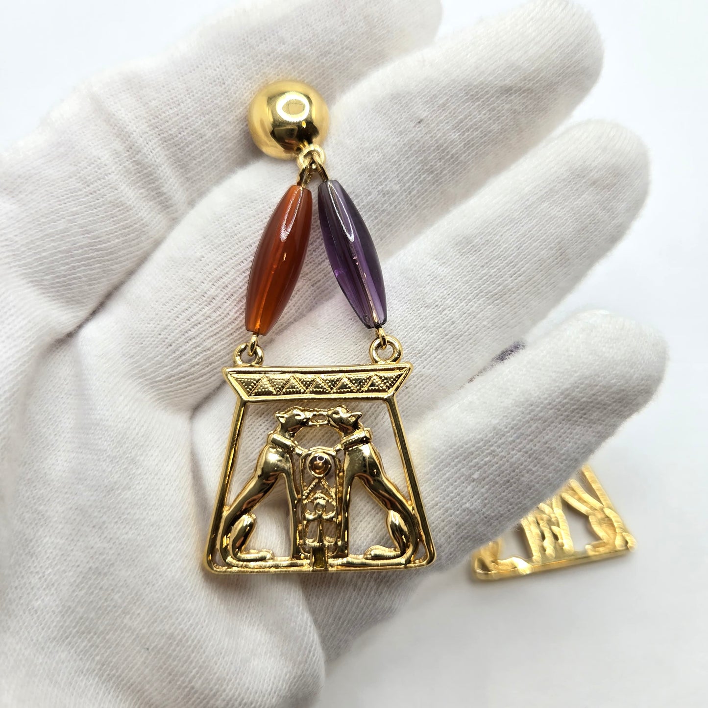 Vintage JACKIE COLLINS  Egyptian Revival Panthers gold tone designer runway Earrings