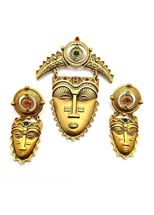 Vintage AVON Tribal Aztec Face Mask Gold tone Rhinestone Brooch Pin and earrings set
