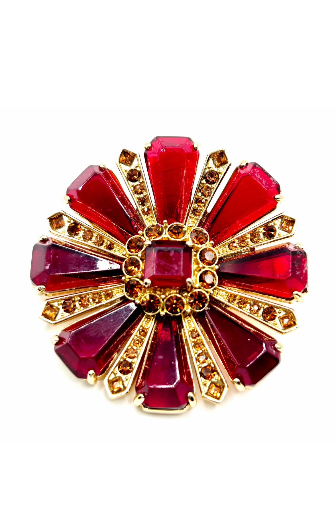 Vintage CAROLEE Maltese Cross Ruby Red Glass, Rhinestones gold tone open back Brooch pin