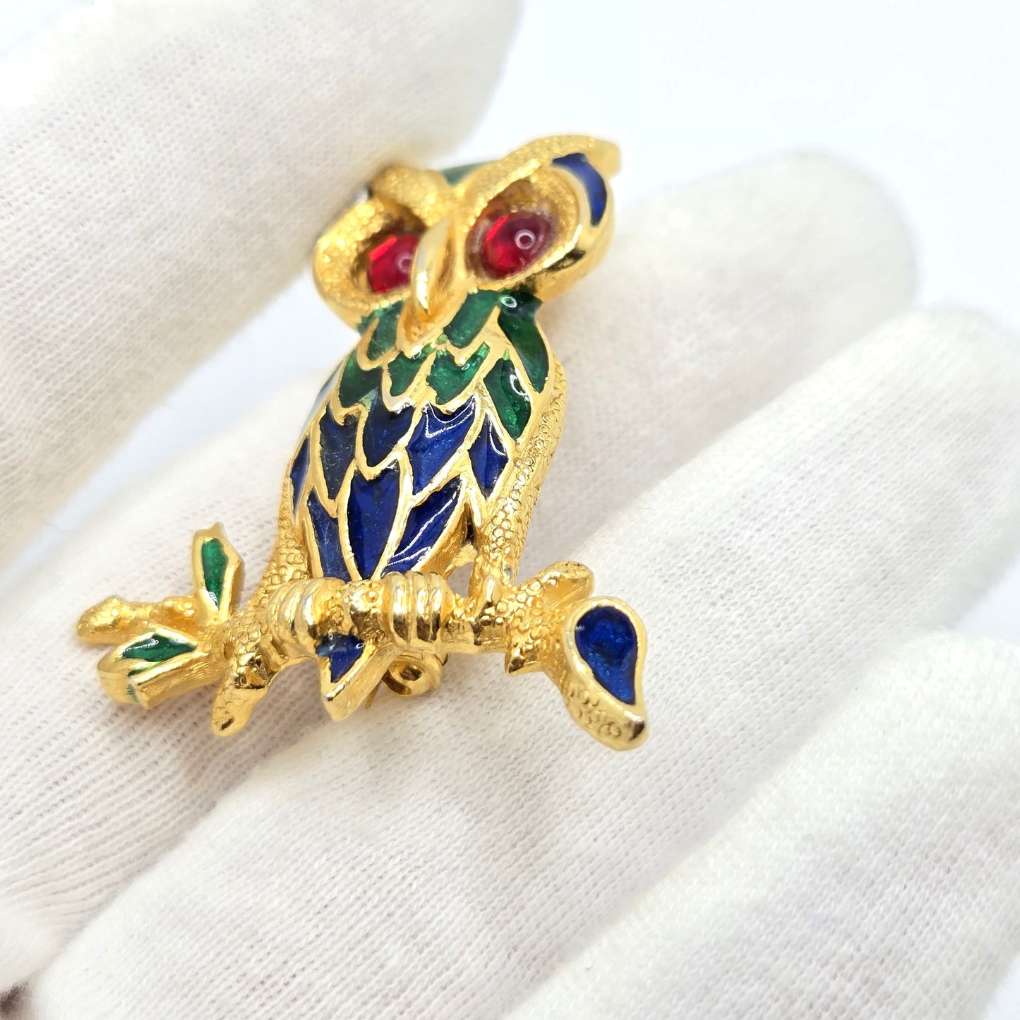 Vintage POLCINI Owl green blue enamel red Cabochon Eyes Brooch Pin