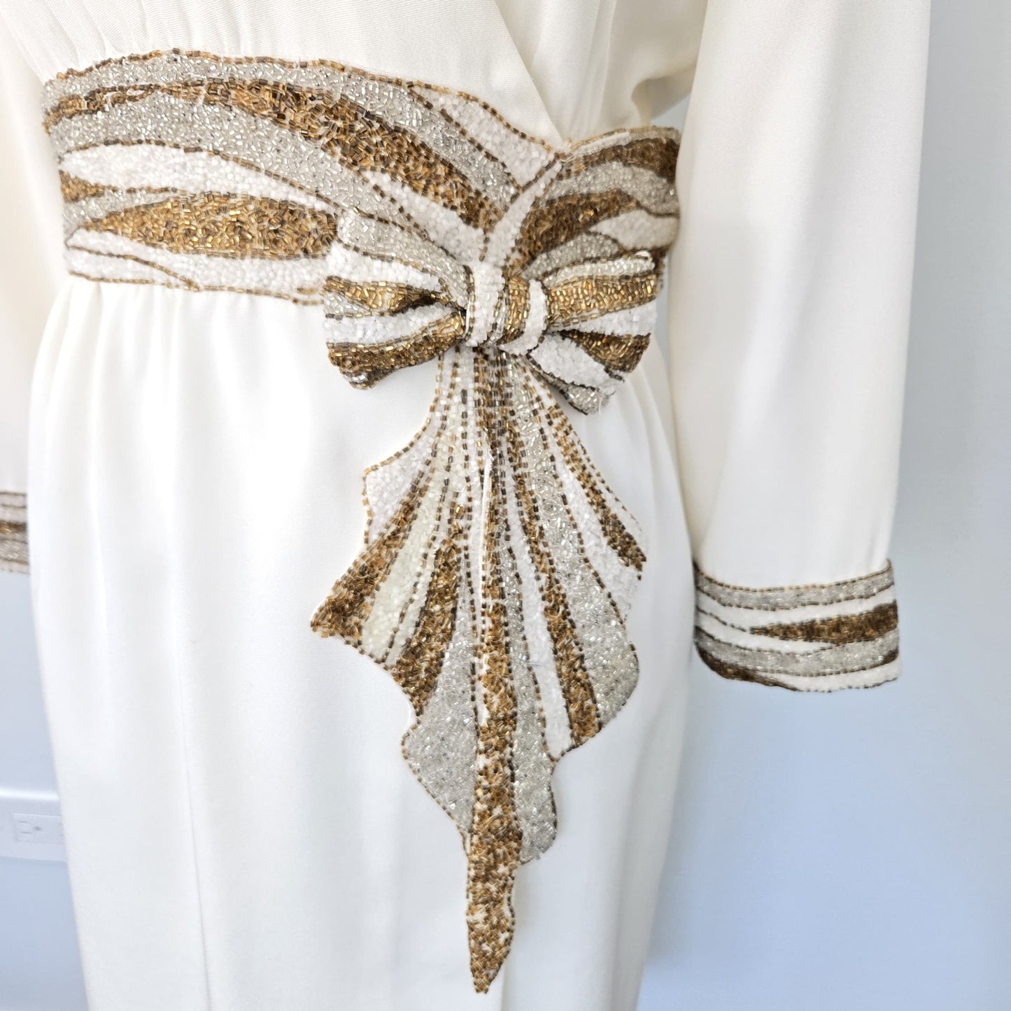 Vintage Bob Mackie off White Cocktail Party Dress Beaded Sequin Dress Long Sleeve Wedding Party Dress Small Cher Dress size 0-2