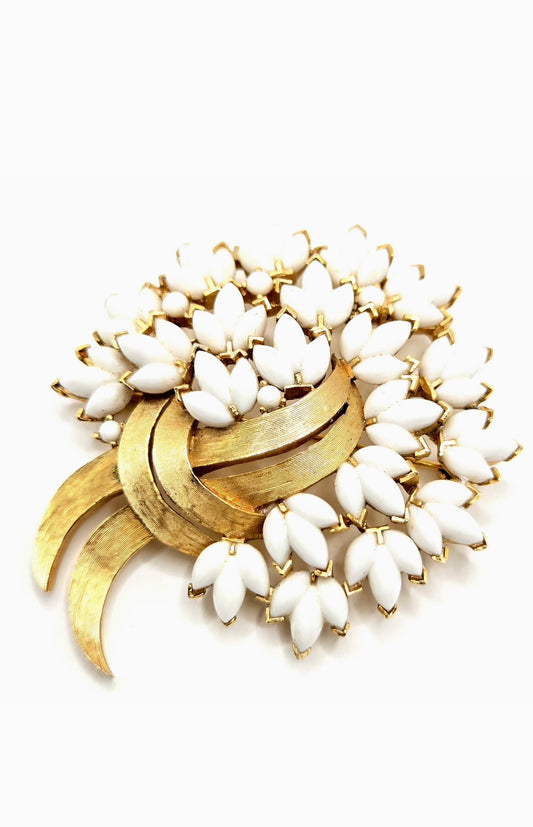 Vintage TRIFARI crown white milk glass flowers gold tone ribbon design Brooch pin