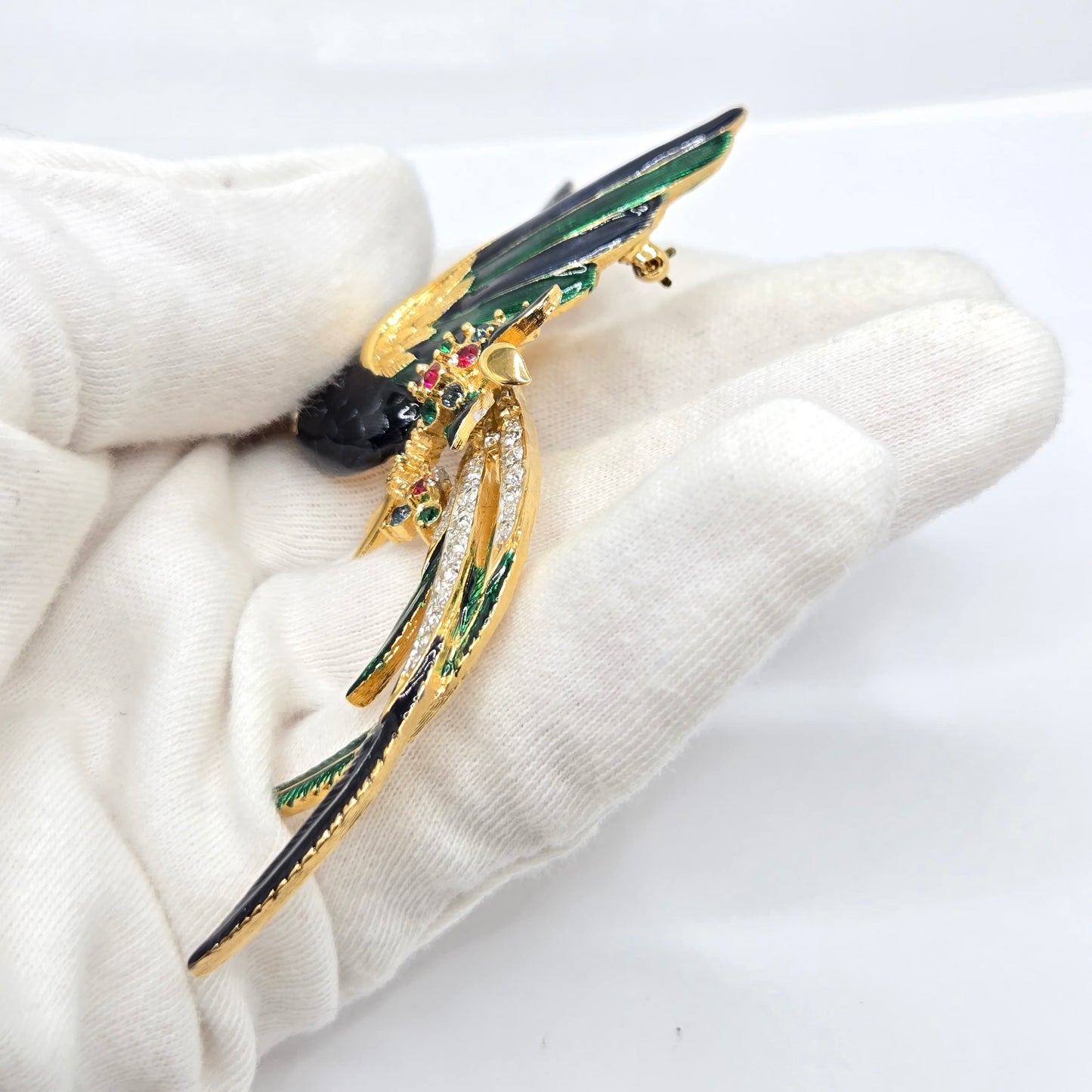 Vintage D'ORLAN BIRD Blue Green Enamel Rhinestones Gold Tone Brooch Pin