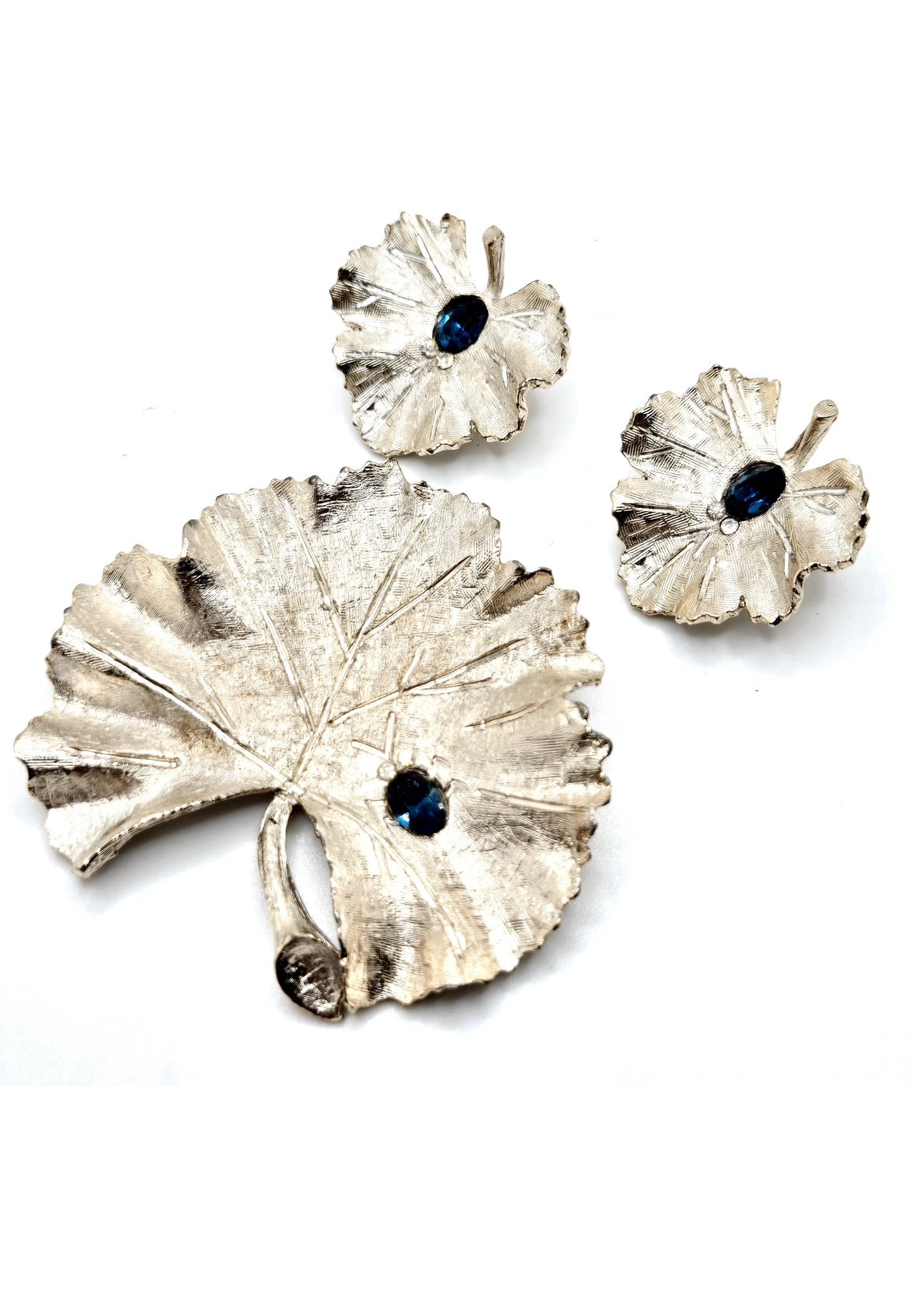 Vintage BSK Blue Rhinestone Bug Leaf Brooch Pin & Clip On Earrings Set Silver Tone