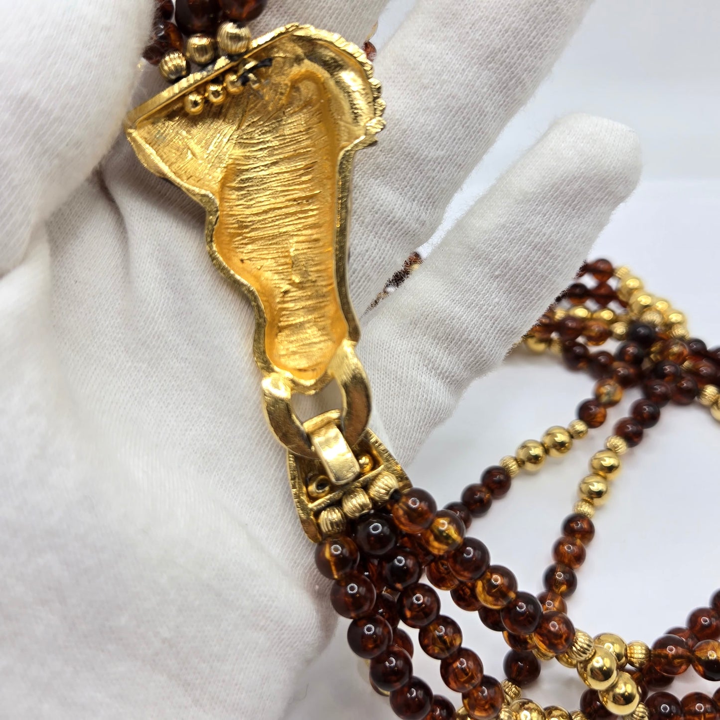 Vintage HORSE HEAD Brown and gold beads Enameled choker necklace