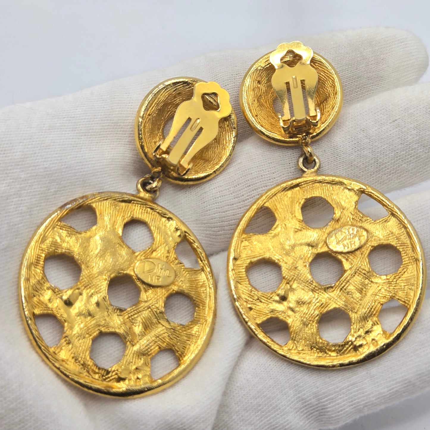 Vintage DAVID DUBIN Signed Gold tone Basket Woven Dangle CLIP on EARRINGS