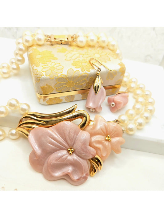 Vintage Designer Runway Pink Lucite Flower Faux Pearls Double Strand Necklace & Earrings Set