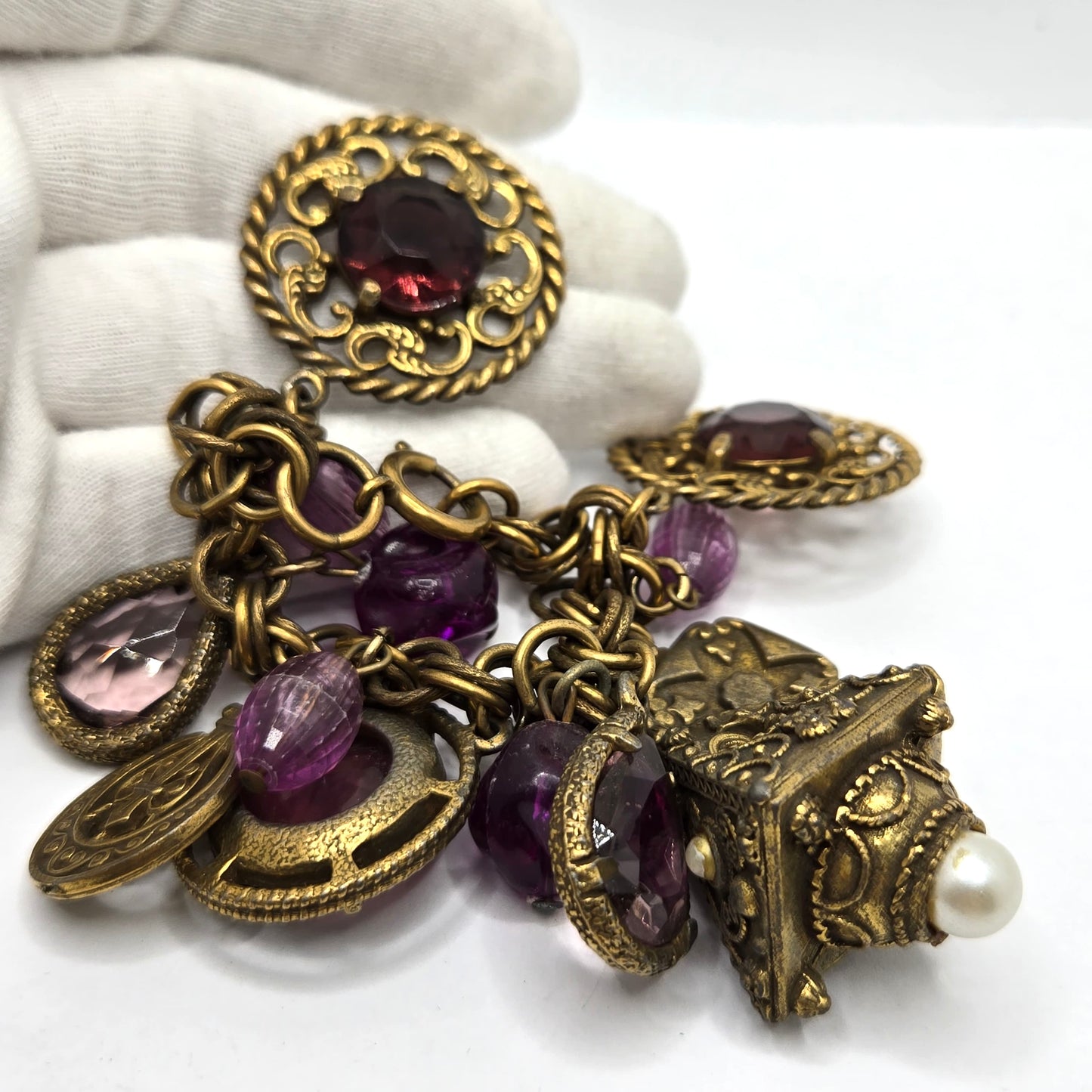 Vtg GERMAN Victorian Revival Crystal purple Charms  Gold Tone Bracelet