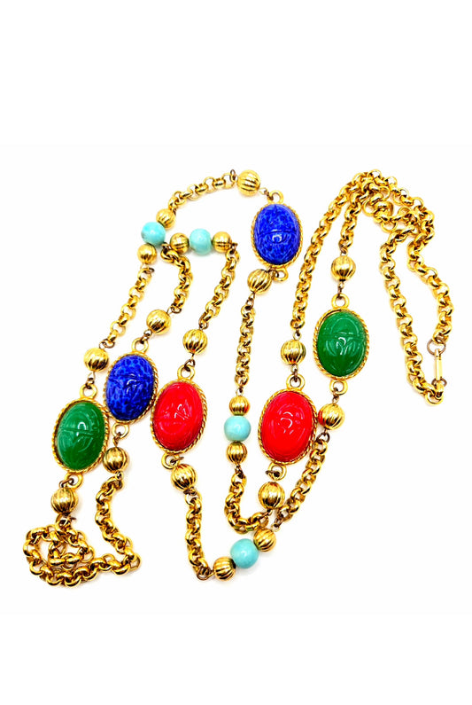 Vintage CAROL DAUPLAISE Scarab multicolor stones gold tone long chain necklace designer runway