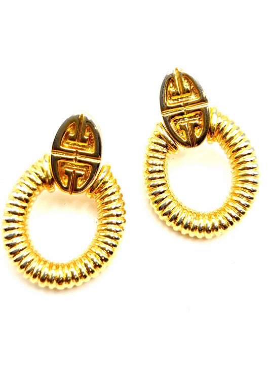 Vintage GIVENCHY logo Door Knocker gold tone dangle designer runway earrings