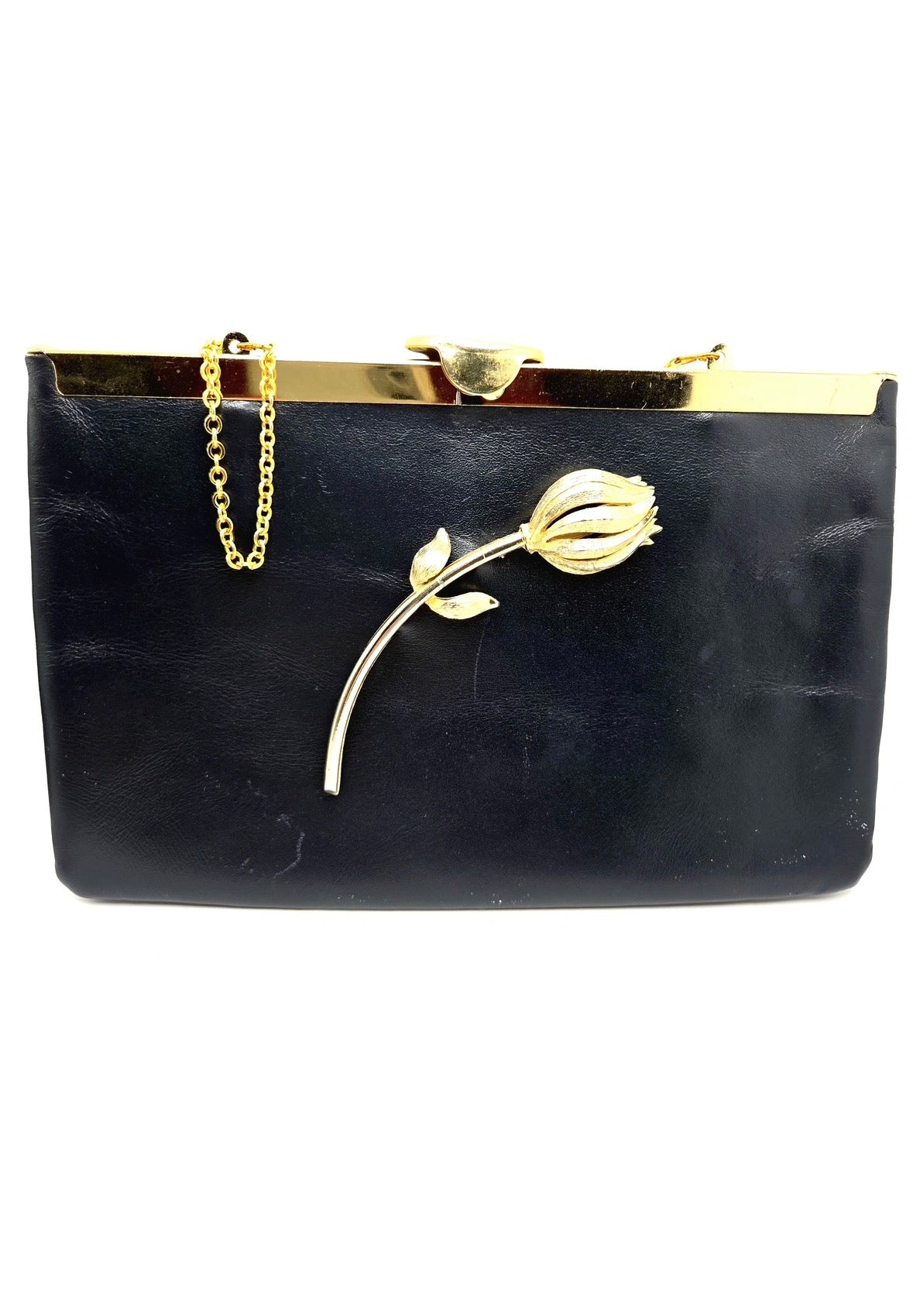Vintage ETRA navy blue leather clutch bag with tulip bud Brooch pin and gold tone chain