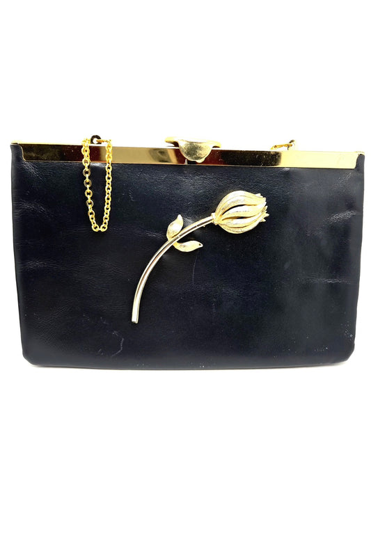 Vintage ETRA navy blue leather clutch bag with tulip bud Brooch pin and gold tone chain