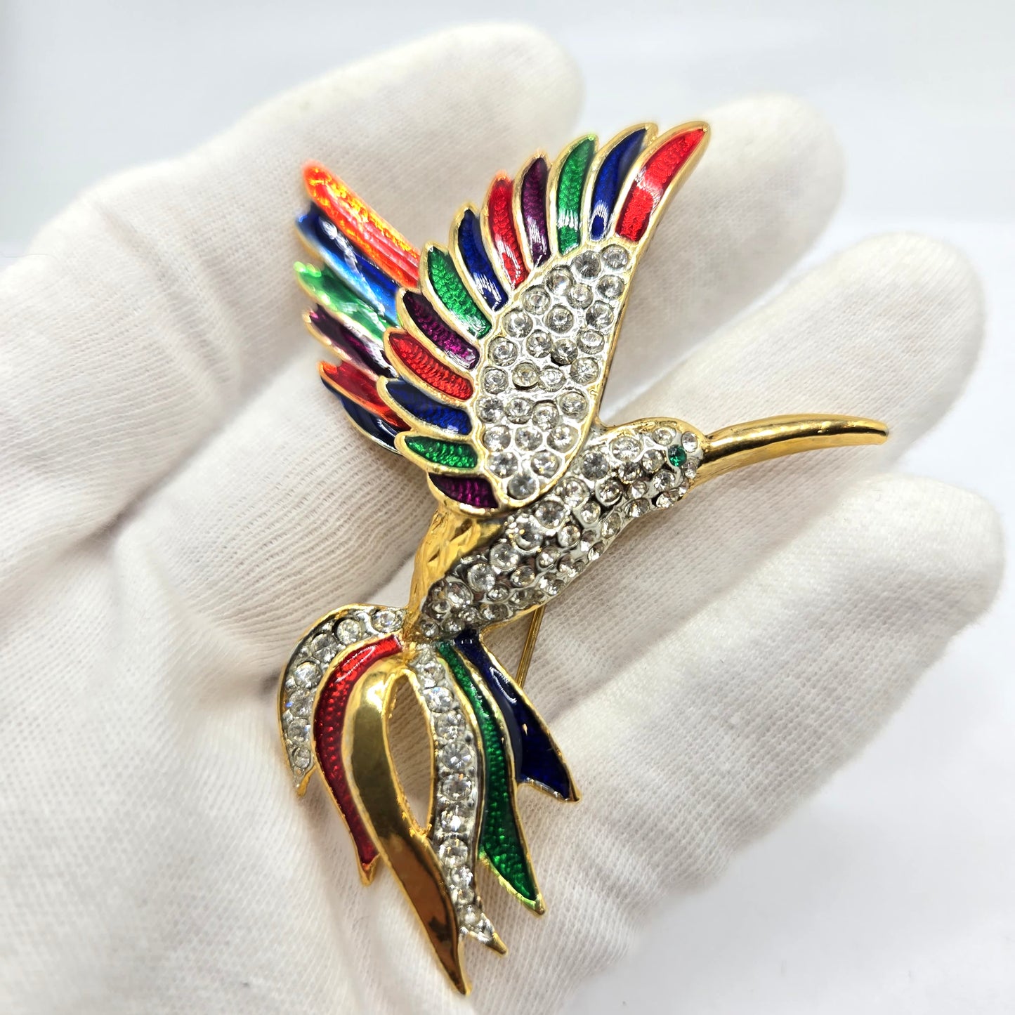 Vintage Beautiful HUMMINGBIRD Red Blue Green Purple Enameled  Rhinestones Gold tone Brooch Pin