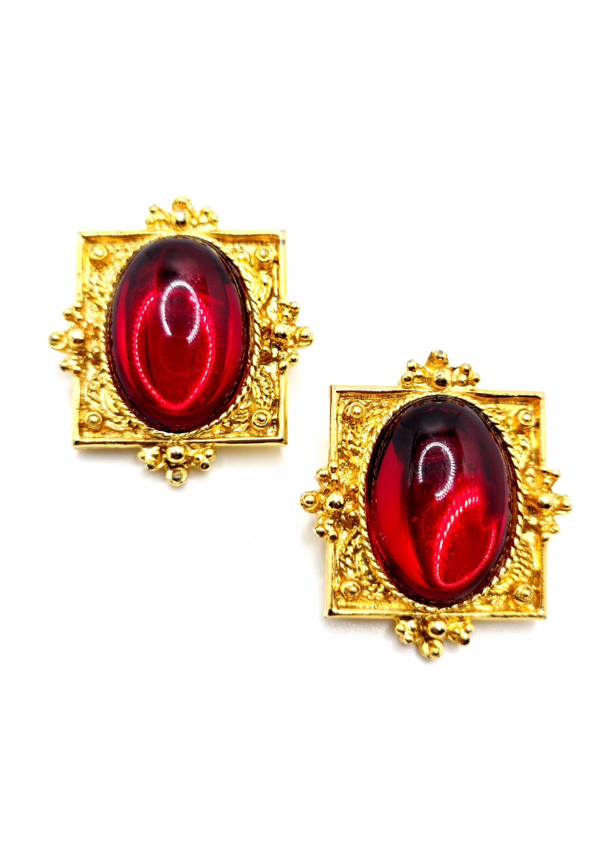 Vintage Designer Runway Clip-On Earrings Red Cabochon Gold-Tone Statement