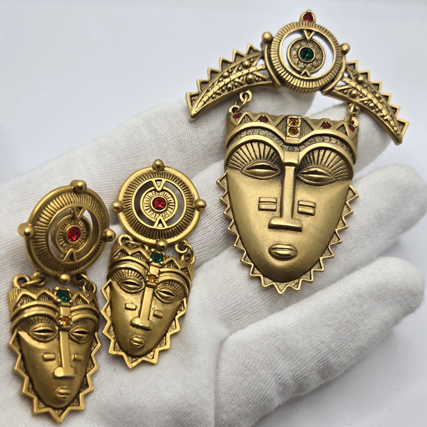 Vintage AVON Tribal Aztec Face Mask Gold tone Rhinestone Brooch Pin and earrings set