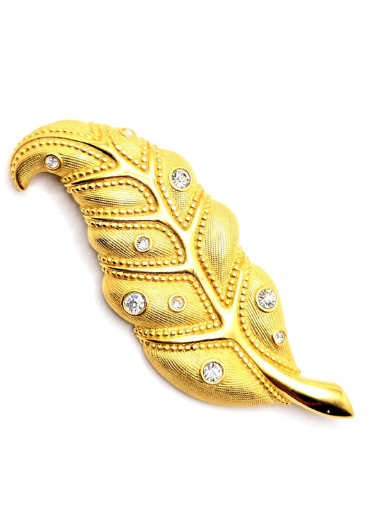 Vintage SWAROVSKI SWAN Large Leaf Brushed Gold Tone Brooch Pin Swarovski Crystals
