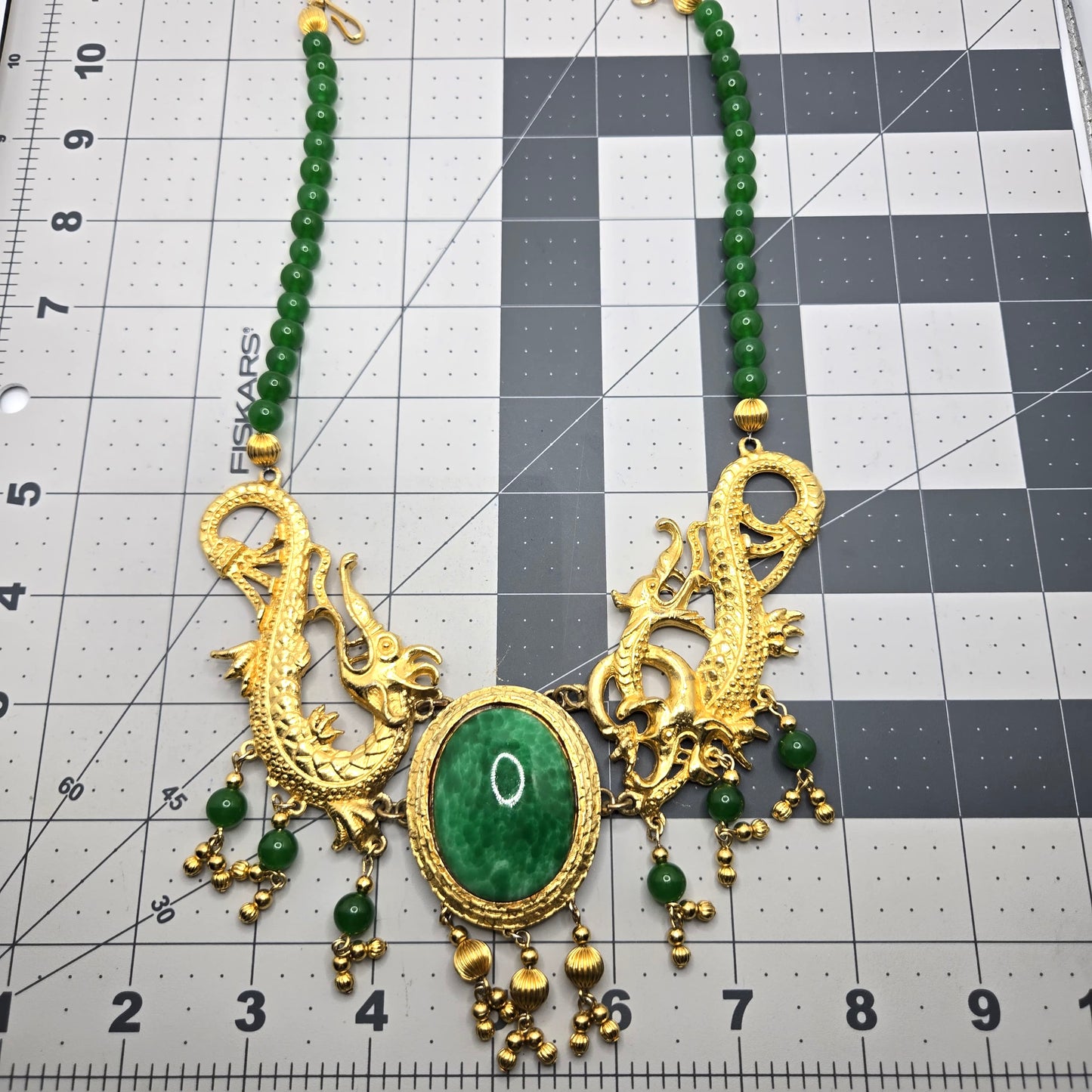 Vintage Designer Runway Statement Necklace with Massive Dragon Motif, Gold-Tone Metal and Faux Green Jade Beads