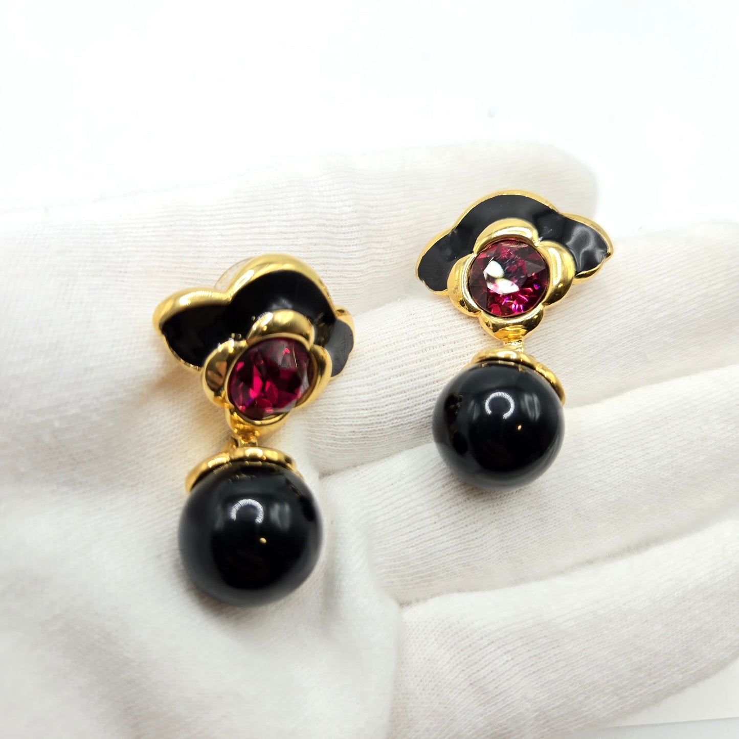 Vintage MONET red Rhinestone black enamel dangle earrings designer runway