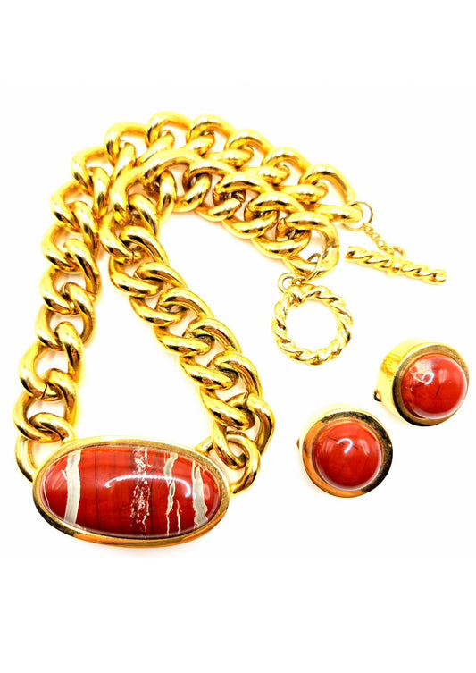 Vintage Massive Red Jasper stone gold tone chain necklace and clip on earrings set designer runway