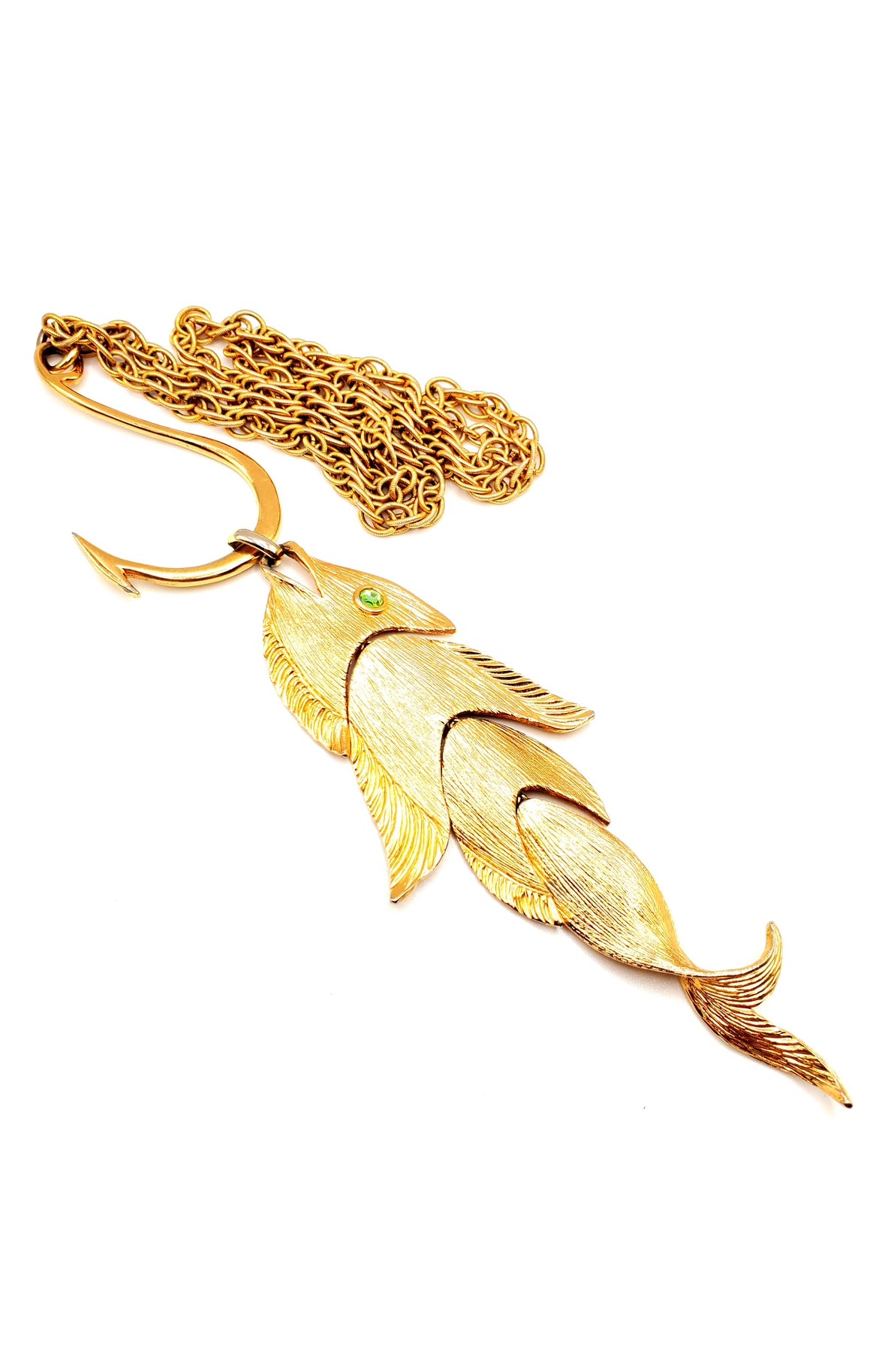 Vintage NAPIER 1970s Gold Tone Runway Articulated Fish On A Hook Pendant Necklace