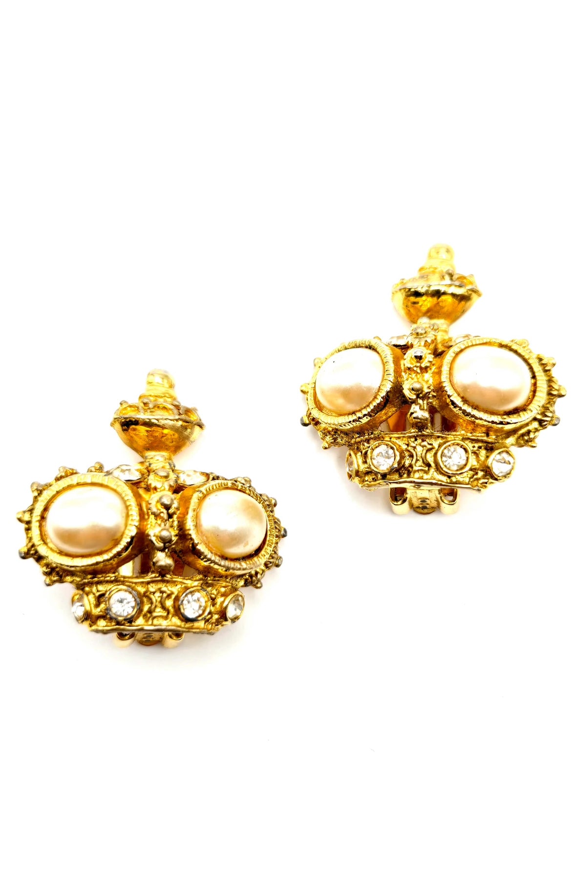Vintage GRAZIANO Crown, Faux Pearls, Rhinestones, Gold Tone Clip on Earrings
