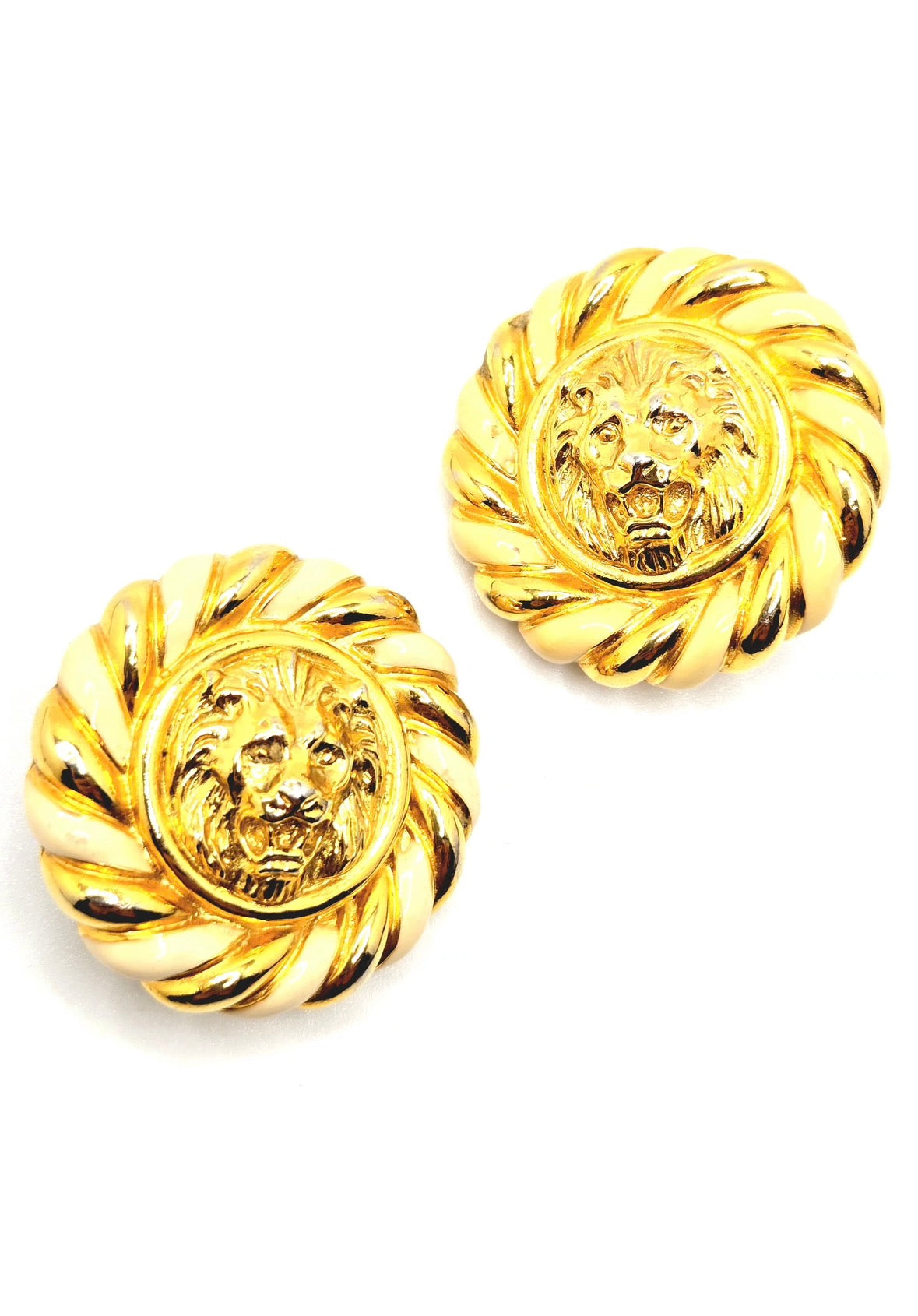 Vintage Anne Klein Lion Head Clip-On Earrings Large Round Cream Enamel Gold Tone Statement