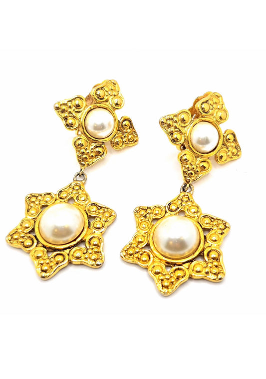 Vintage Designer Runway Large Cross Star Gold tone Faux pearl Dangle CLIP on EARRINGS