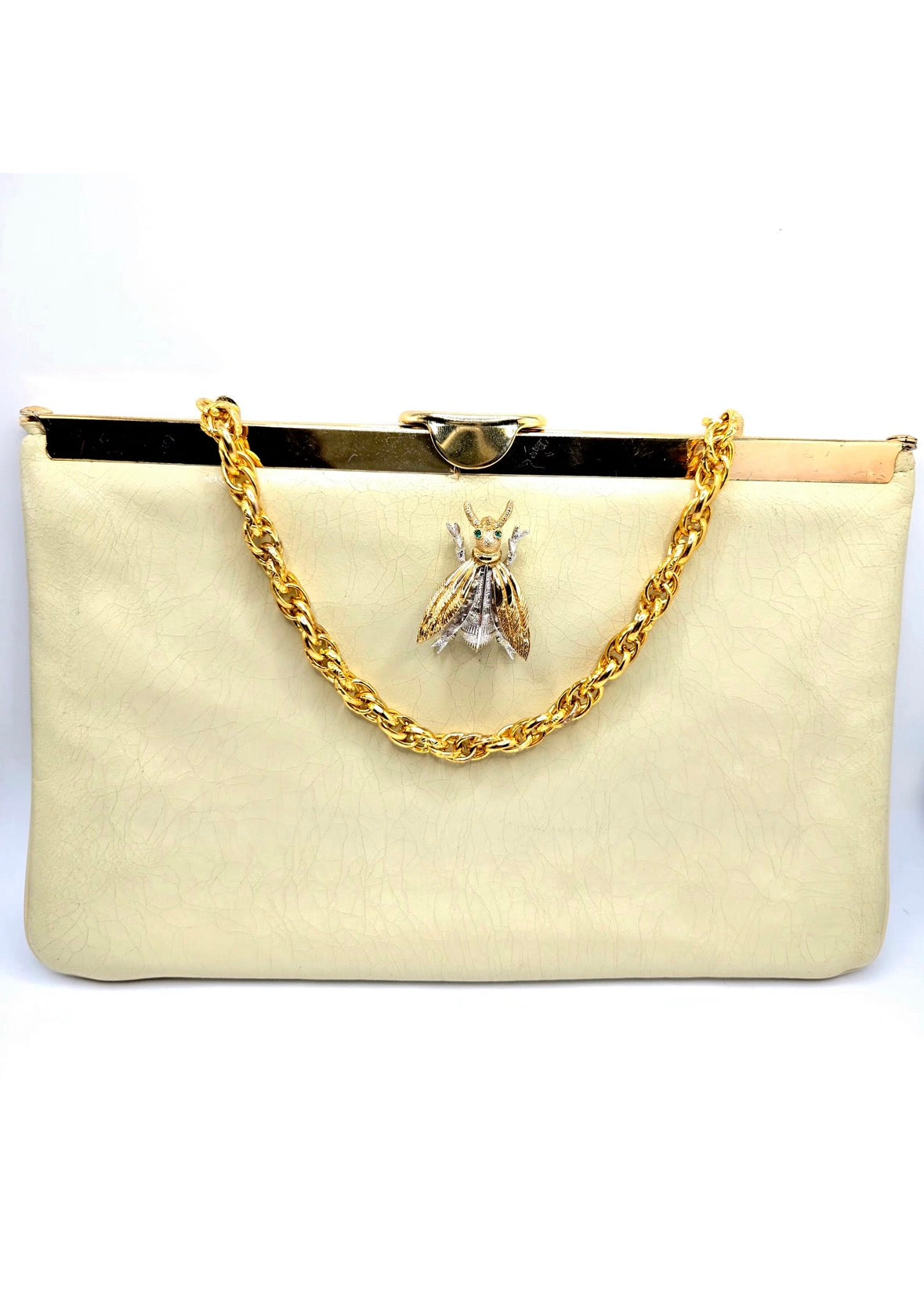 Vintage cream leather clutch bag with MONET Fly Bug Brooch pin and gold tone chain