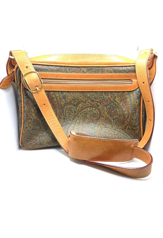 Vintage Stefano Serapian Milano Paisley Coated Canvas Crossbody Bag Tan Leather Italy
