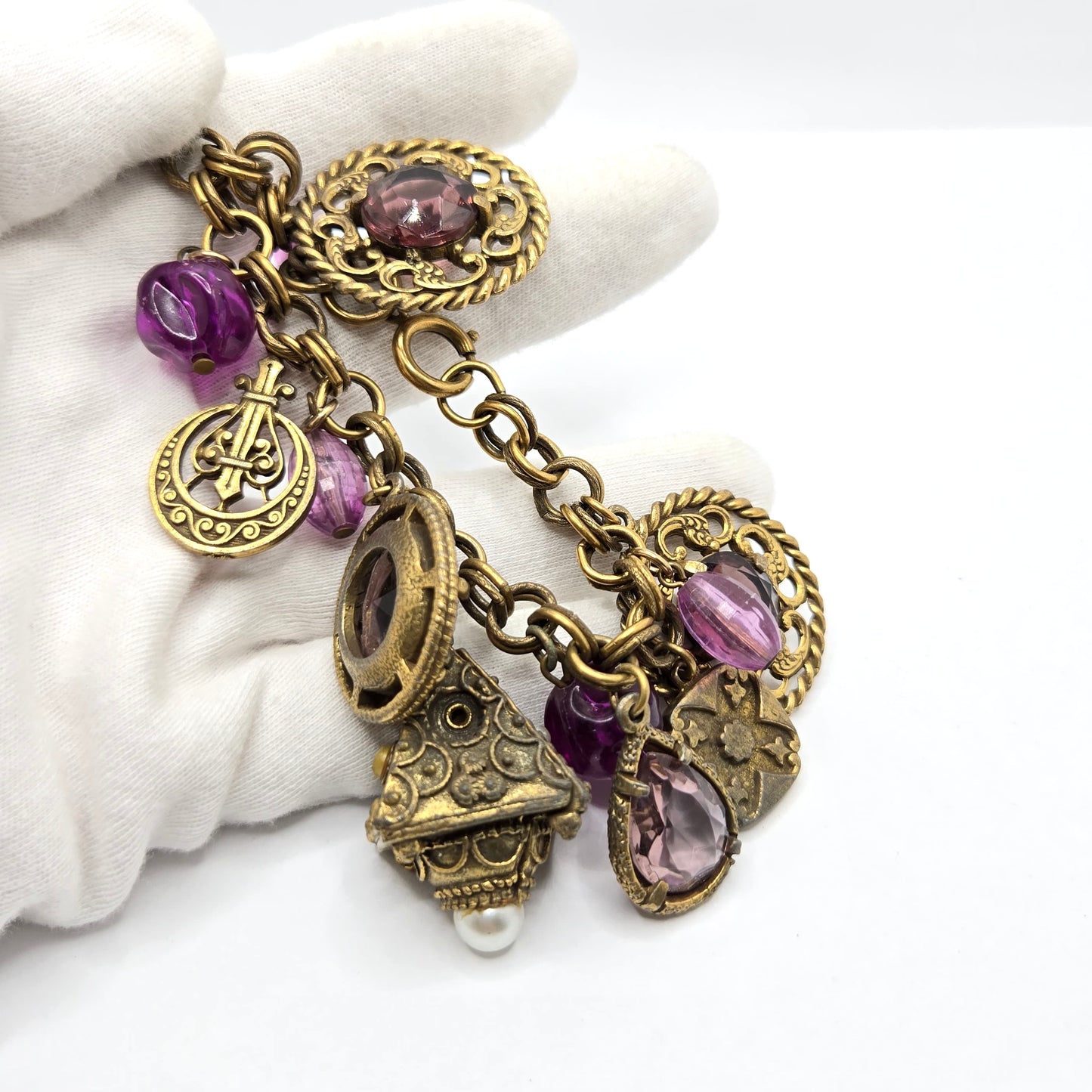 Vtg GERMAN Victorian Revival Crystal purple Charms  Gold Tone Bracelet