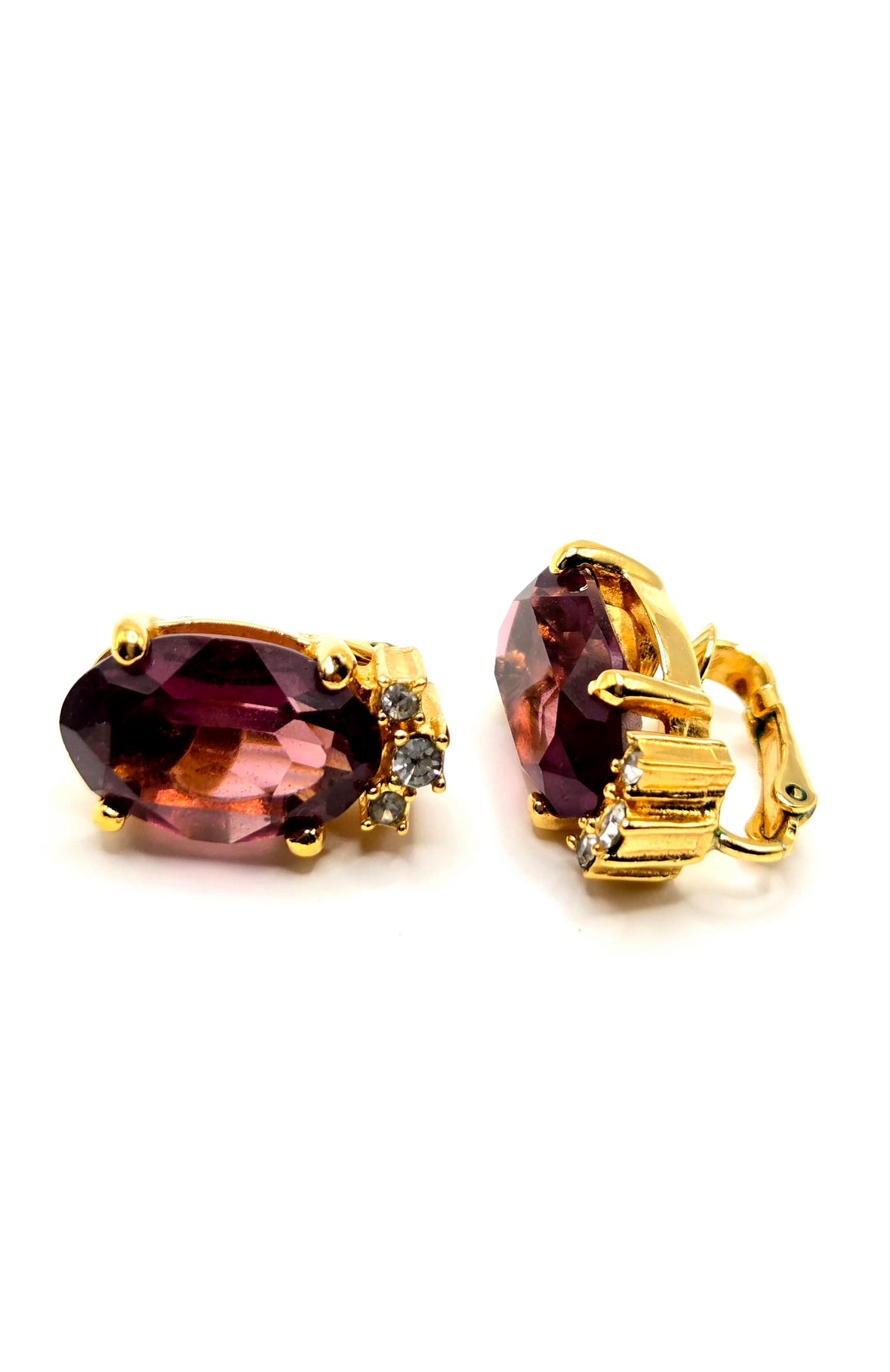 Vintage CHRISTIAN DIOR  Gold tone Amethyst Crystals Clip On Earrings
